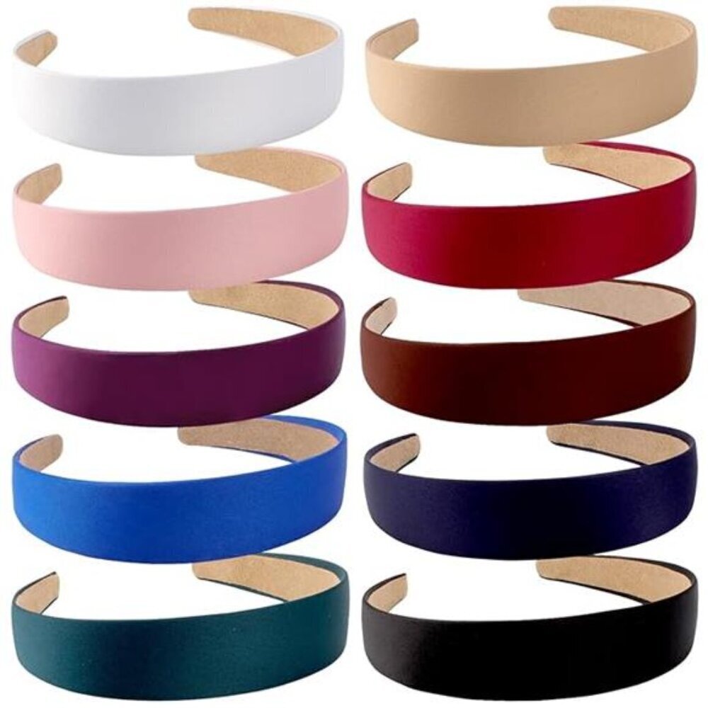 10 Pack Satin Headbands 1.3 Inch Wide Red White Black Pink Purple Headband - Picture 7 of 7